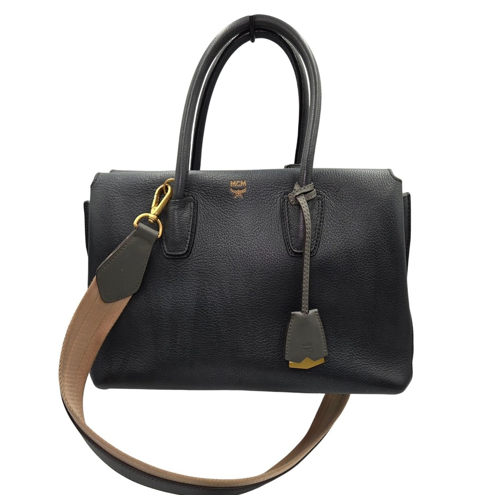MCM Black Leather Satchel Handbag‎ Crossbody Bag with Strap and Accessories